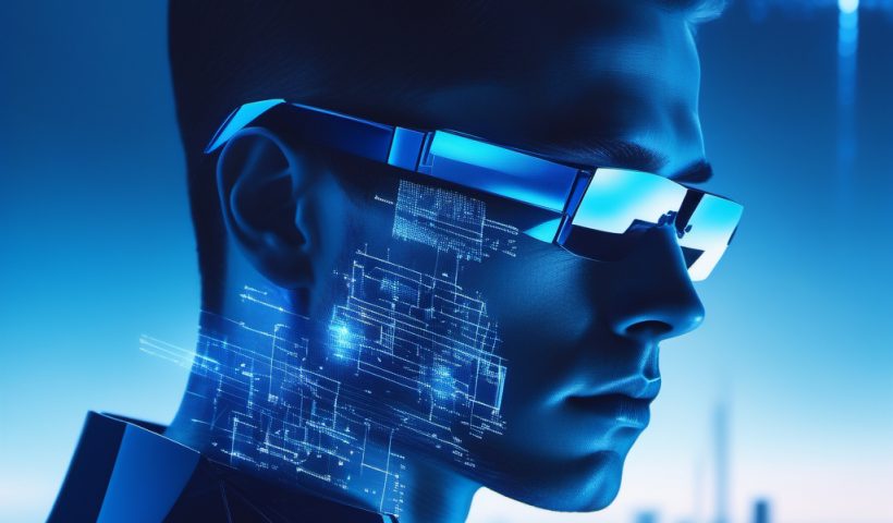 Captivating illustration of a young AI man with modern glasses, sporting a futuristic aesthetic with computer mapping on the cheek, evoking the sophisticated essence of LXKeys between art and science, against the backdrop of a futuristic city.